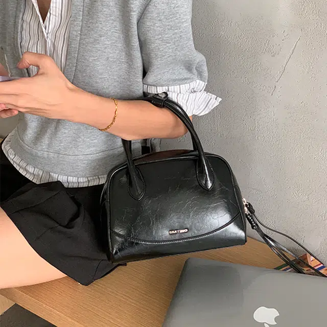 西木汀 水木年华 小众设计高级感百搭通勤 牛皮 波士顿包手提包 常规 女款 深邃黑/古银色