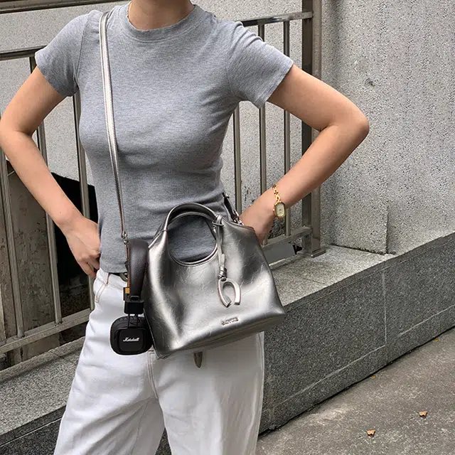 西木汀 赴约 小众设计师品牌百搭通勤高级感 牛皮 水桶包手提包 女款 古银色/深邃黑