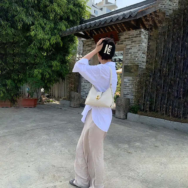 西木汀 沐白 小众设计师品牌百搭通勤 牛皮 单肩包 大号 女款 米白色/深邃黑