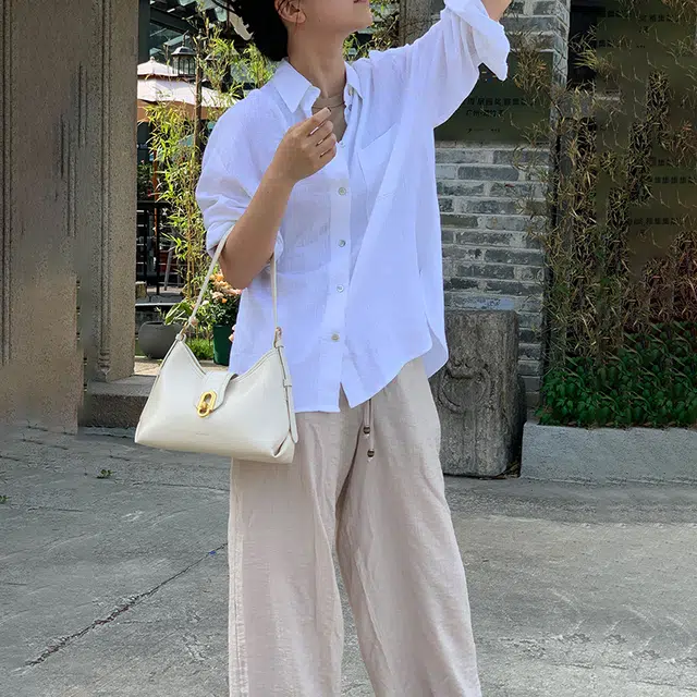 西木汀 沐白 小众设计师品牌百搭通勤 牛皮 单肩包 大号 女款 米白色/深邃黑