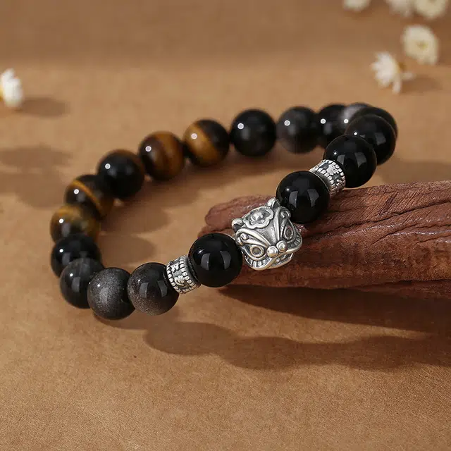 正百福 【财源广进】平安吉祥生活顺遂 经典设计 国潮风醒狮纳福接财好寓意 好运天然 虎眼石 手串 男女同款情侣款