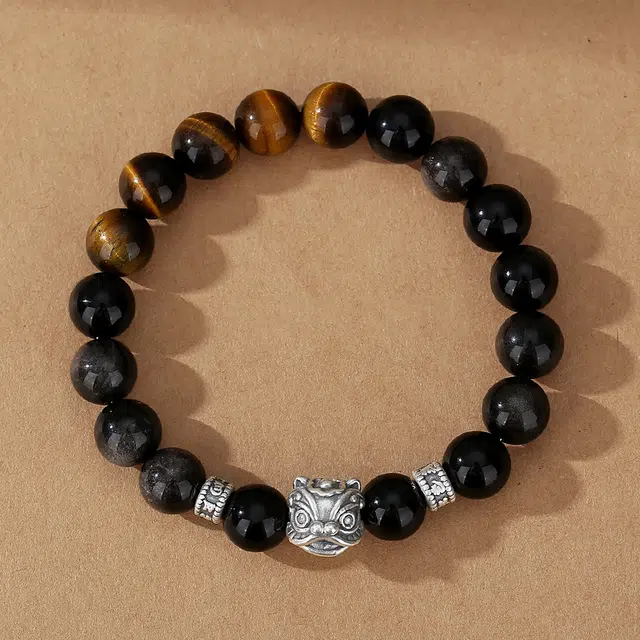正百福 【财源广进】平安吉祥生活顺遂 经典设计 国潮风醒狮纳福接财好寓意 好运天然 虎眼石 手串 男女同款情侣款