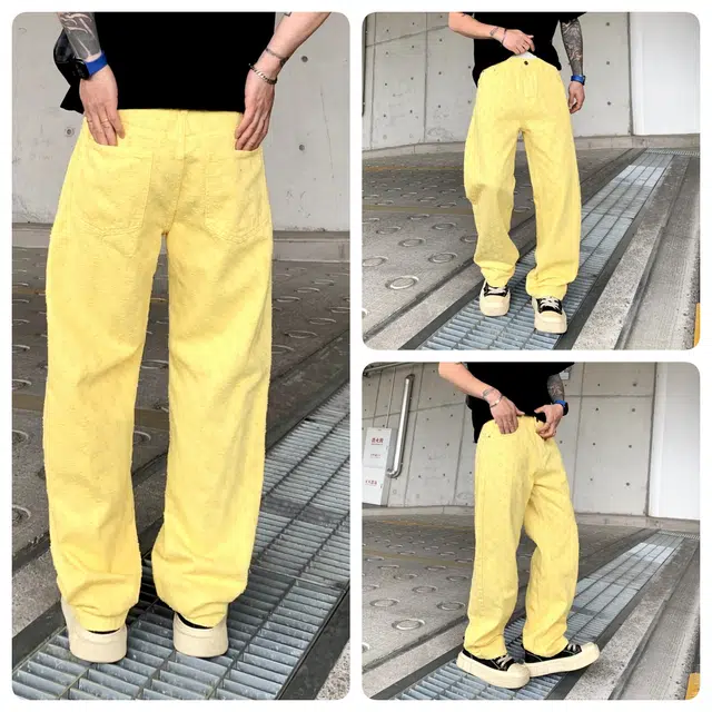 遨宇 夏季 美式休闲高街潮牌痞帅嘻哈街头多巴胺黄复古暗纹阔腿裤情侣百搭个性潮流裤子男牛仔裤 宽松型 男女同款