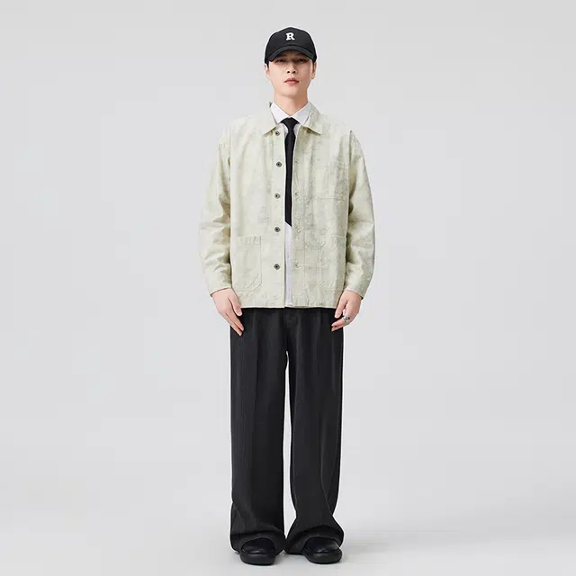 遨宇 秋季美式休闲潮牌工装风做旧水洗夹克男春秋潮流运动学院风百搭宽松多口袋翻领外套复古质感上衣男衬衫 男女同款