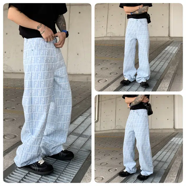 遨宇 美式休闲高街潮牌蓝调摩登老花印潮酷风微喇裤情侣百搭潮流街头做旧复古透气阔腿裤男牛仔裤 宽松型 男女同款