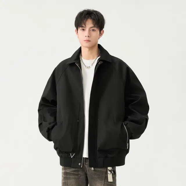 寻星记 美式韩版高街纯色宽松百搭翻领外套夹克 男款