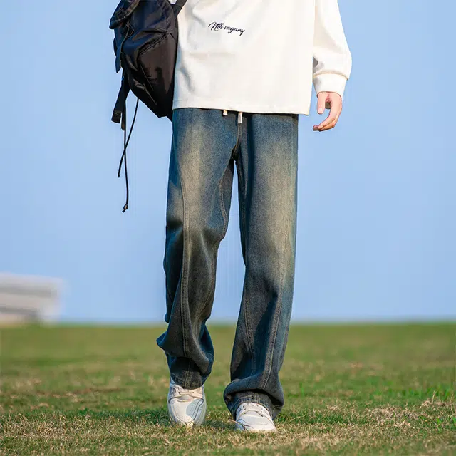 寻星记 户外街头风做旧水洗阔腿牛仔裤 男女同款