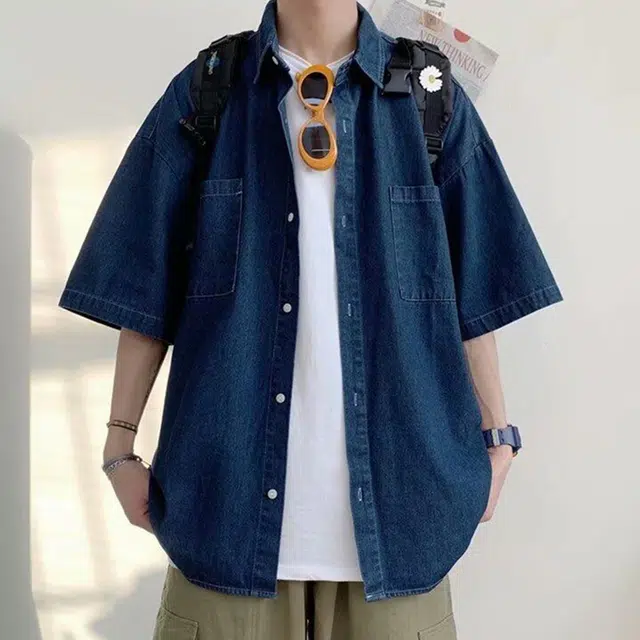 寻星记 韩版潮牌牛仔百搭透气休闲少年感短袖衬衫 男女同款