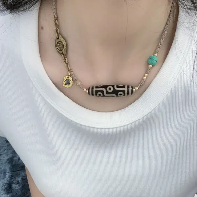 花茜樱 新中式九眼天珠个性手工编绳扎基拉姆牌像无面佛拼接 玛瑙 玉石项链 男女同款情侣款