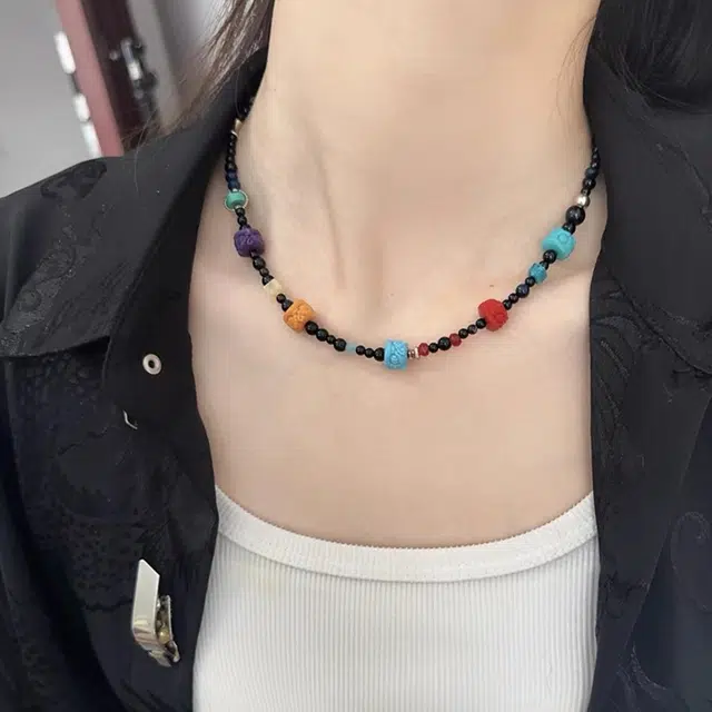 花茜樱 新中式国潮小醒狮多彩个性小众国风 虎眼石 玉石项链 女款