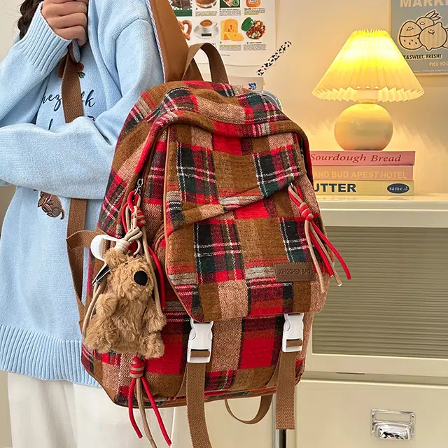 醇龙 复古格子高中大学生百搭休闲旅游 尼龙 双肩包 男女同款情侣款 红色/黄色/绿色