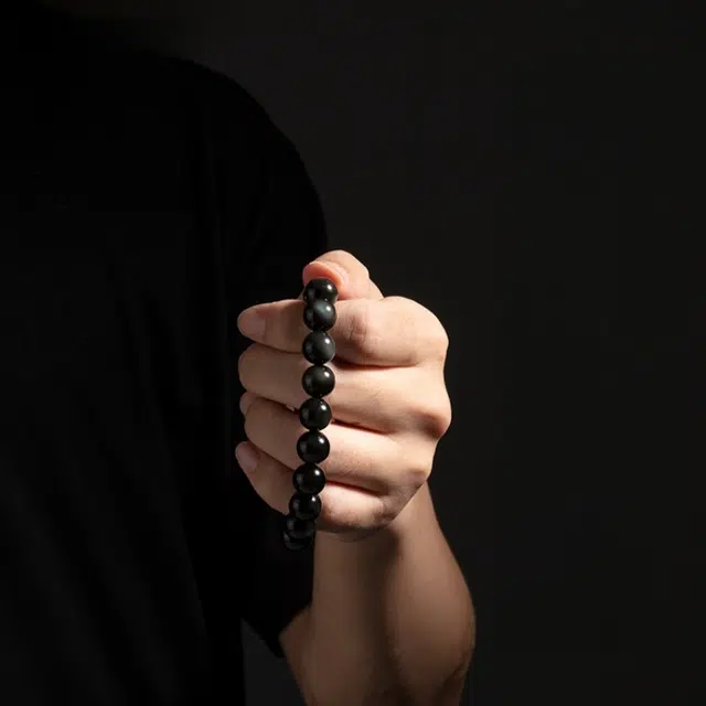 赤藤 招财进宝万事顺心八方来财时来运转好运连连新中式国潮复古简约时尚小众设计高级感文玩盘玩念珠 黑曜石 手串 男女同款情侣款