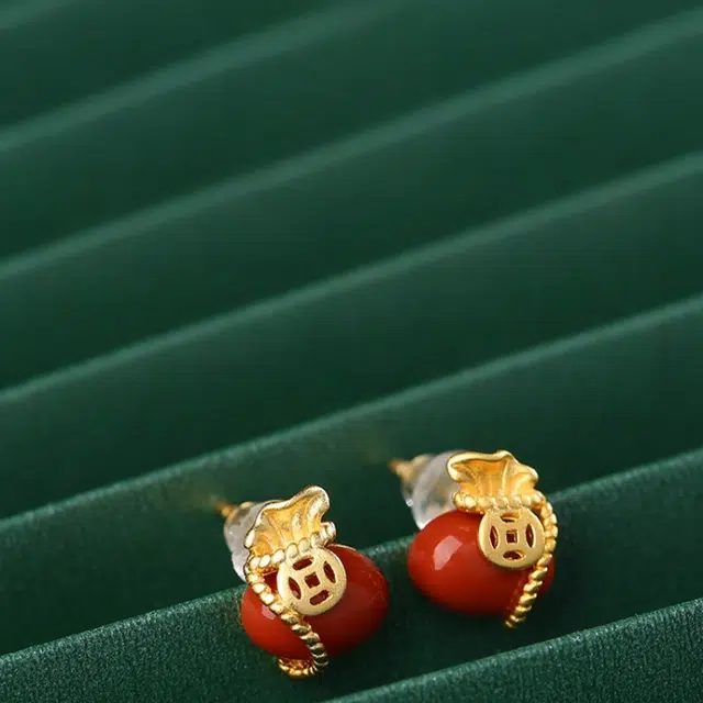 赤藤 财运亨通财源滚滚中国风复古宫廷古法过年喜庆经典时尚百搭潮流小众设计高级感耳饰红色古风宝石耳环福袋#好运 玛瑙 耳钉 女款