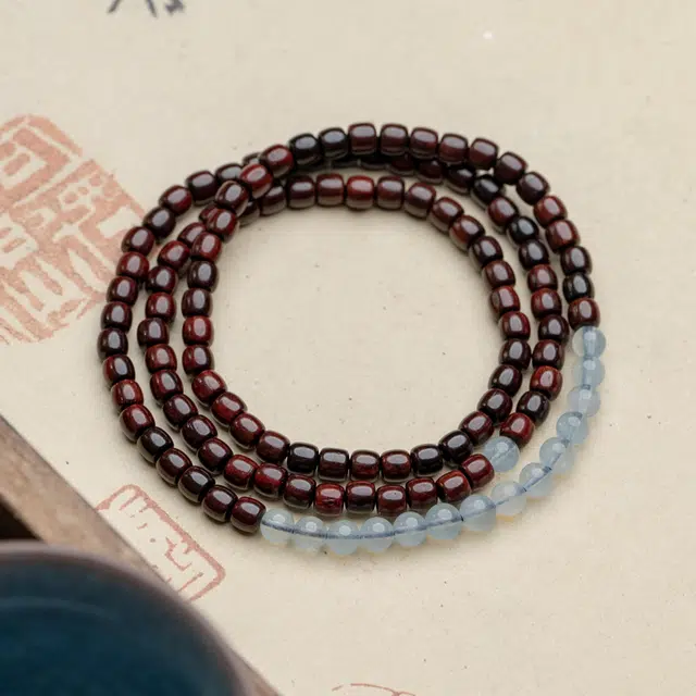 赤藤 转运珠新中式饰品念珠双圈平安福好运海蓝宝多圈转运珠文玩桶珠 紫檀属 手串 男女同款情侣款