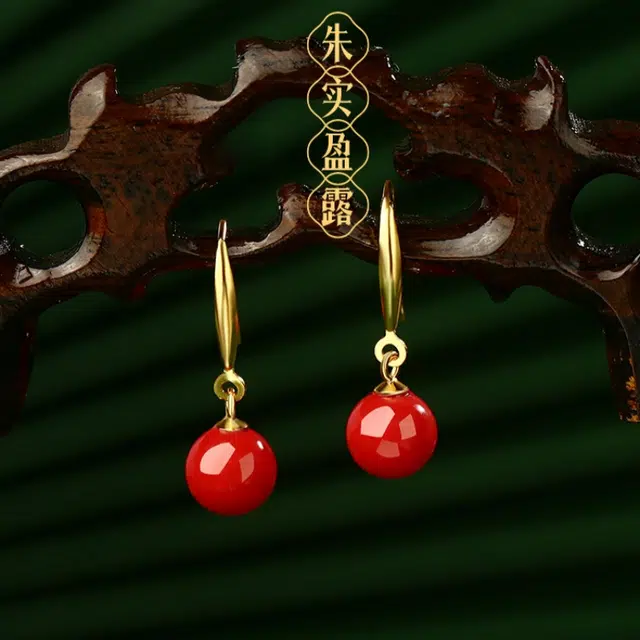赤藤 万事顺遂遇见圆满转运珠新中式复古红色高级=耳环女纯银耳饰精致耳坠耳钩时尚百搭潮流饰品#好运 朱砂 耳钉 女款