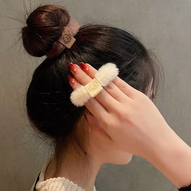 如花梦 美拉德 不伤发发饰可爱高弹力扎发  常百搭笑脸小熊发绳 毛绒 皮筋 发圈 女款
