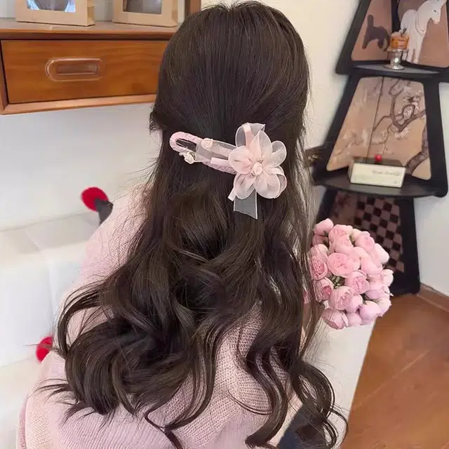如花梦 超仙网纱花朵森系清新甜美鸭嘴夹后脑勺气质盘高级感 布艺 发夹 女款