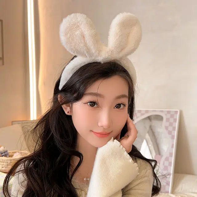 如花梦 可爱兔耳朵 日常百搭洗脸敷面膜 温柔防滑额前 毛绒 发箍 女款