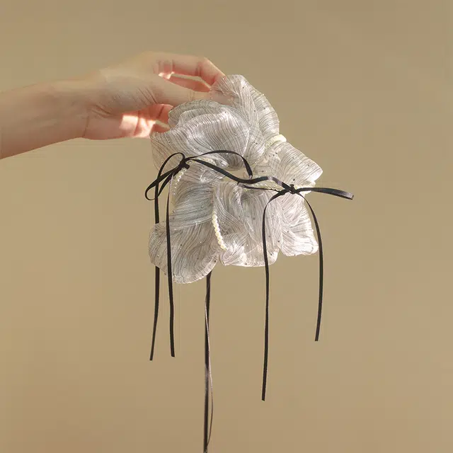如花梦 法式欧根纱闪钻蝴蝶结飘带大肠发圈珍珠缠绕丸子头 网纱 头绳 女款