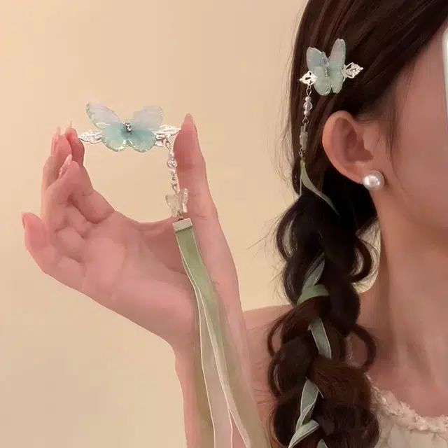如花梦 新中式国潮发饰 蝴蝶编发丝带仙气飘带一字夹 日常刘海夹发夹 女款