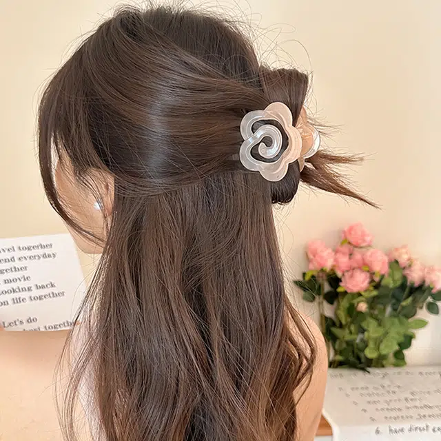 如花梦 韩系山茶花抓夹超仙花朵 后脑勺盘发鲨鱼夹发抓 亚克力 发夹 女款