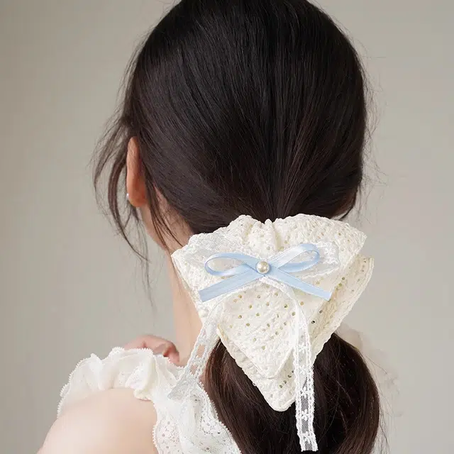 如花梦 韩系蝴蝶结米色蕾丝高级感慵懒风 布艺 发圈 女款