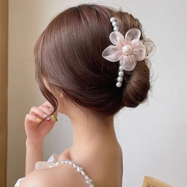 如花梦 欧根纱花朵珍珠女高端发卡后脑勺发抓夹 亚克力 发夹 女款