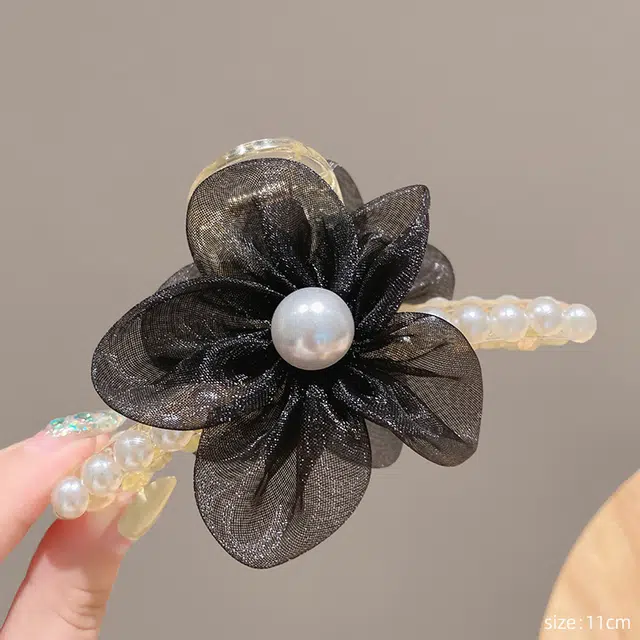 如花梦 欧根纱花朵珍珠女高端发卡后脑勺发抓夹 亚克力 发夹 女款