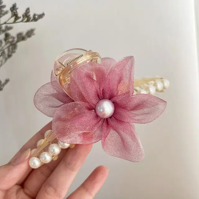 如花梦 欧根纱花朵珍珠女高端发卡后脑勺发抓夹 亚克力 发夹 女款