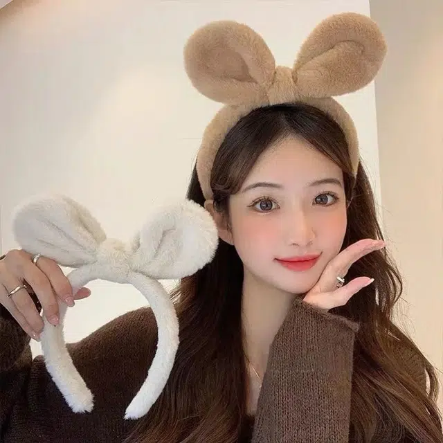如花梦 可爱兔耳朵 日常百搭洗脸敷面膜 温柔防滑额前 毛绒 发箍 女款