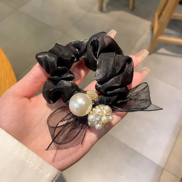 如花梦 珍珠网纱蝴蝶结头绳女优雅气质扎丸子头饰 欧根纱 发圈 女款