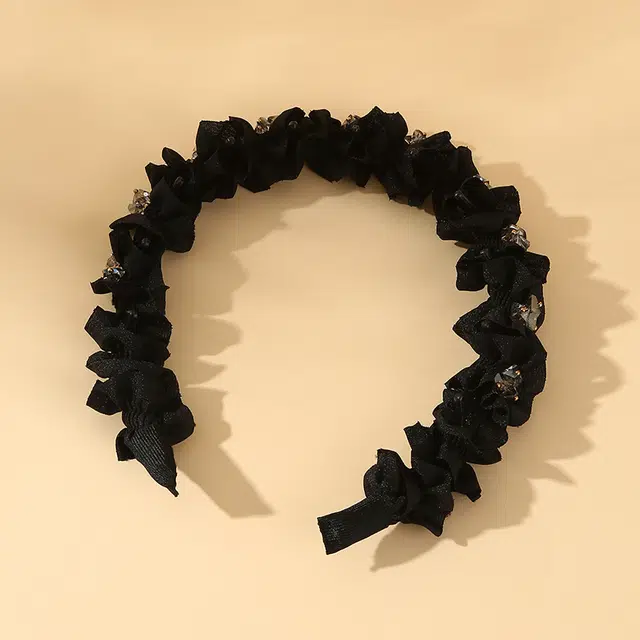 如花梦 高级感水钻黑色褶皱高颅顶头箍带齿防滑 亚克力 发箍 女款