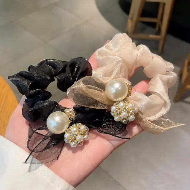 如花梦 珍珠网纱蝴蝶结头绳女优雅气质扎丸子头饰 欧根纱 发圈 女款