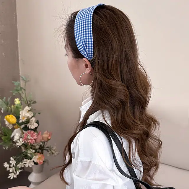 如花梦 蓝格子牛仔宽边时尚百搭显脸小头箍发卡 布艺 发箍 女款