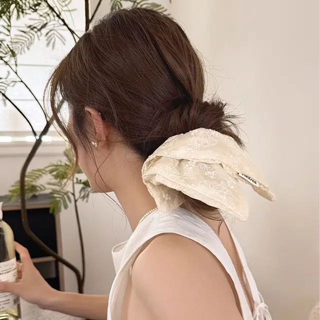 如花梦 甜美风韩系奶白色印花方巾大肠 布艺 发圈 女款