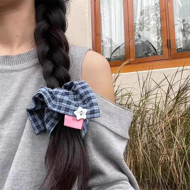如花梦 藏青色格子方巾大肠发圈韩系高级感大号低马尾 布艺 头绳 女款