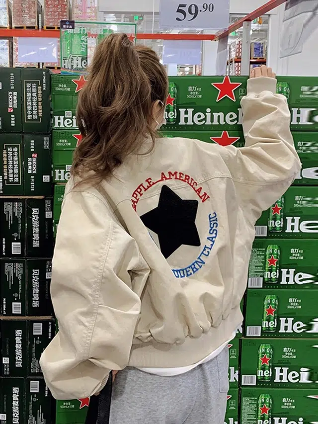 桴生 美式春秋棒球服刺绣外套女休闲宽松百搭时尚上衣 夹克 女款