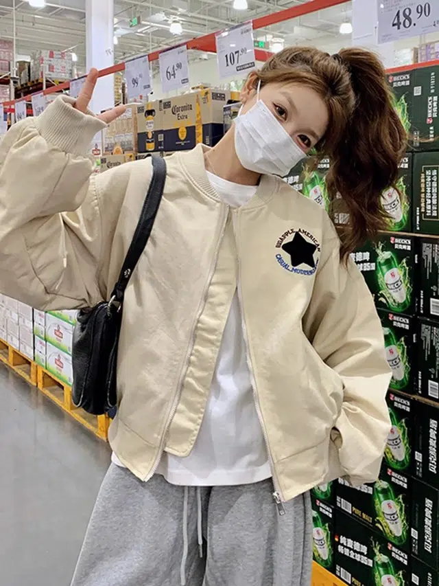 桴生 美式春秋棒球服刺绣外套女休闲宽松百搭时尚上衣 夹克 女款