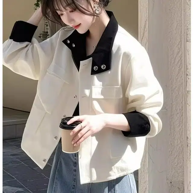 桴生 美式复古巴恩风撞色立领工装外套女秋季宽松休闲百搭气质上衣夹克 女款