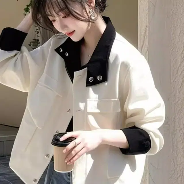 桴生 美式复古巴恩风撞色立领工装外套女秋季宽松休闲百搭气质上衣夹克 女款