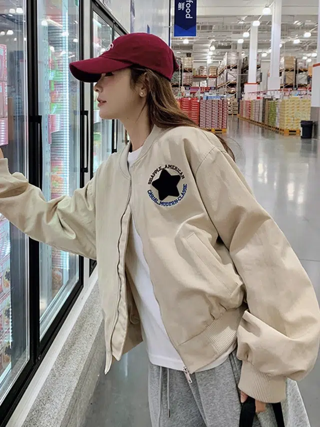 桴生 美式春秋棒球服刺绣外套女休闲宽松百搭时尚上衣 夹克 女款