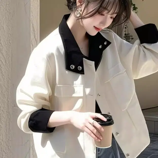 桴生 美式复古巴恩风撞色立领工装外套女秋季宽松休闲百搭气质上衣夹克 女款