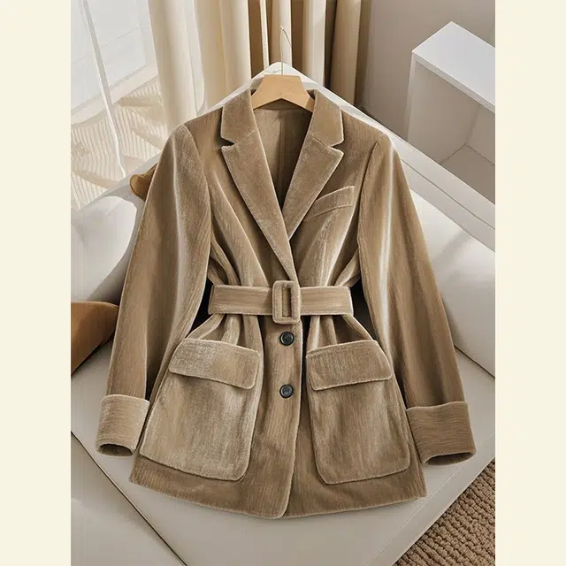 桴生 今年流行时尚休闲百搭咖色翻领长袖加厚金丝绒外套女冬季西装 女款