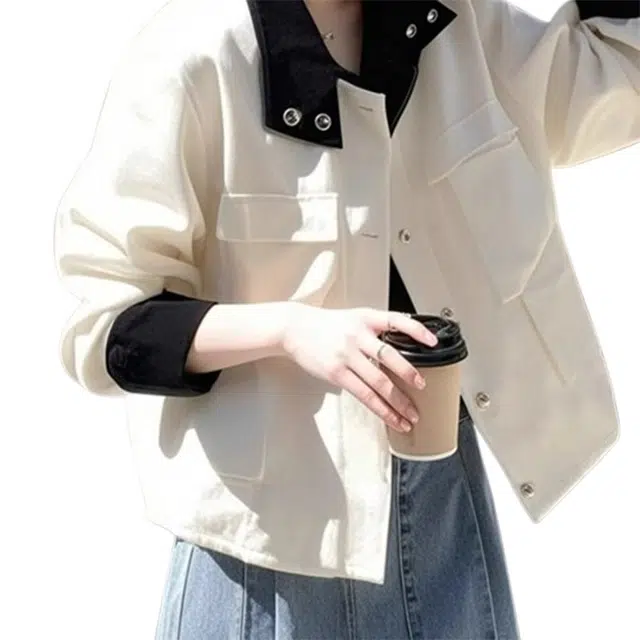 桴生 美式复古巴恩风撞色立领工装外套女秋季宽松休闲百搭气质上衣夹克 女款