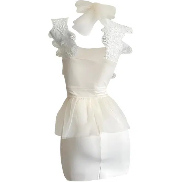 桴生 法式纯欲重工蕾丝拼接网纱挂脖收腰显瘦包臀抹胸裙无袖连衣裙 女款