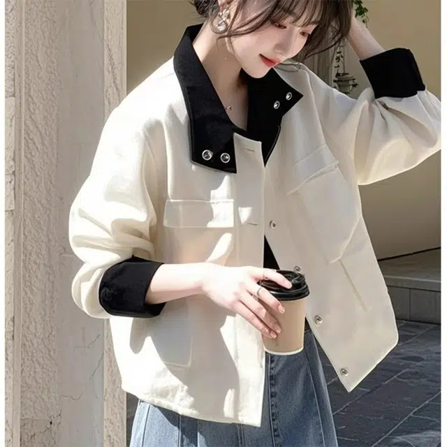 桴生 美式复古巴恩风撞色立领工装外套女秋季宽松休闲百搭气质上衣夹克 女款
