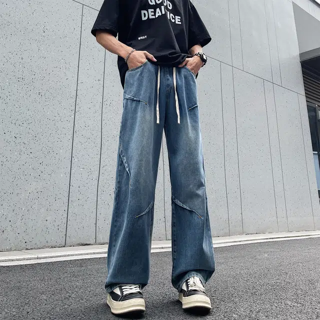 美式复古高街风显高显瘦垂感休闲阔腿经典百搭褶皱设计纯色基础款中腰潮流百搭抽绳宽松直筒裤做旧简约舒适系带牛仔裤 男女同款