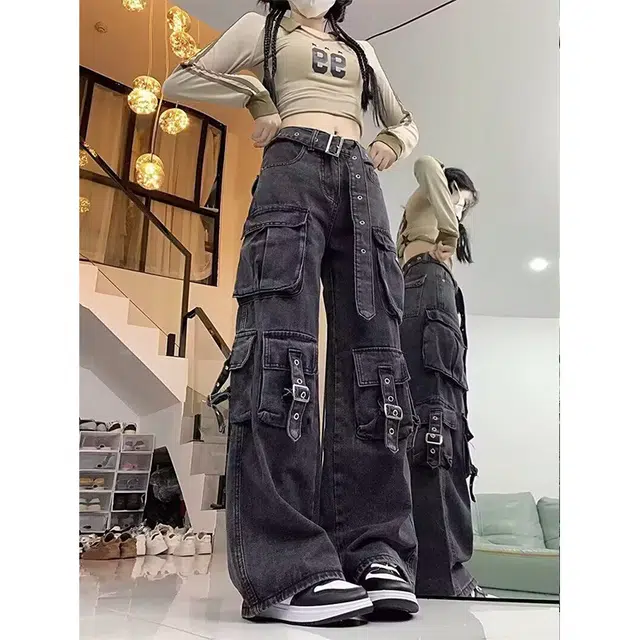 美式复古工装风多口袋舒适通勤长裤牛仔裤 男女同款