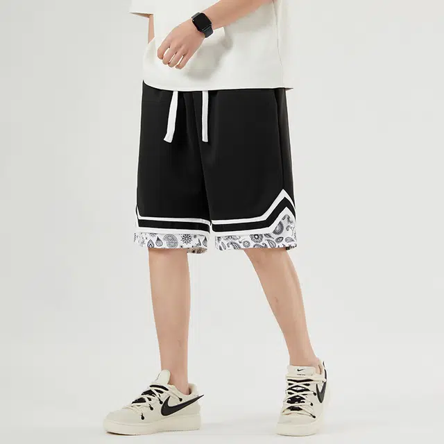 寻星记 美式复古条纹腰果花织带拼接假两件宽松透气抽绳直筒休闲篮球短裤 男女同款