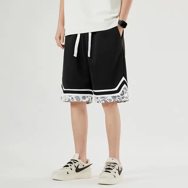 寻星记 美式复古条纹腰果花织带拼接假两件宽松透气抽绳直筒休闲篮球短裤 男女同款